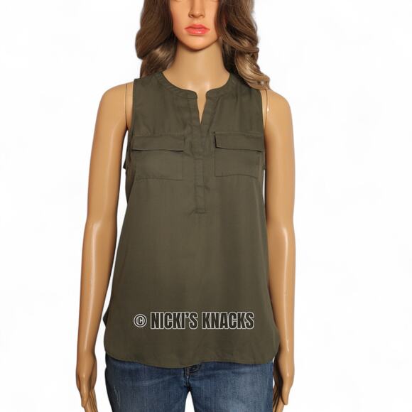 ANA Olive Green Sleeveless Chiffon Tank Top Split Neck Utility Pockets Size XS - Picture 2 of 9